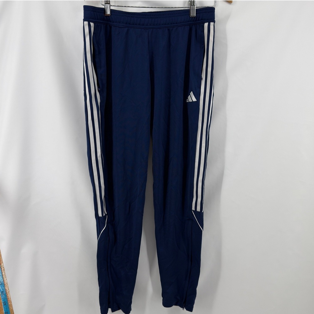 Adidas Track Pants Mens L Navy Blue Polyester Regular Fit Aeroready Striped Zip